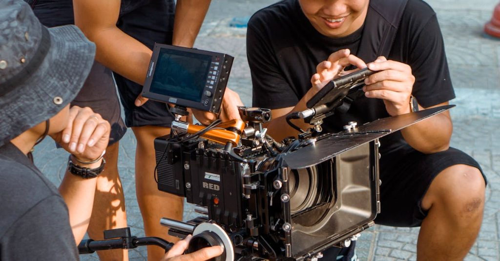 Filmmakers adjusting camera equipment on set outdoors, showcasing collaborative effort.